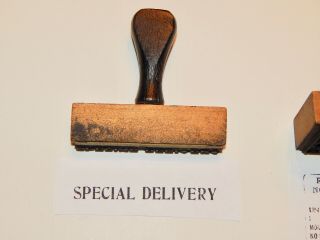 13 Vintage Post Office Rubber Stamps Wood Handles ' FRAGILE  SPECIAL DELIVERY ' 2