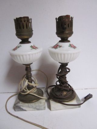 Vintage Marble Base White Milk Glass Floral Design Bedroom Table Lamps