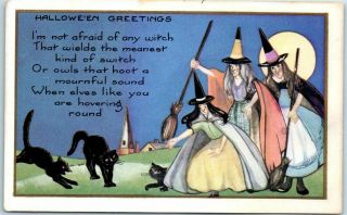 Vintage Whitney Halloween Postcard 3 Witches W/ Brooms & Black Cats -