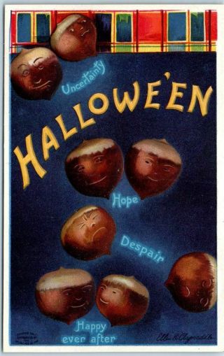 1910s Artist - Signed Clapsaddle Halloween Postcard W/ Emotional Acorns -