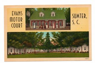 Evans Motor Court (with Gas Station And Pumps) Sumter,  Sc Linen Postcard