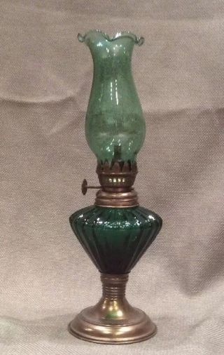 Vintage Mini Green Glass And Brass Base Oil Lamp Made In Hong Kong