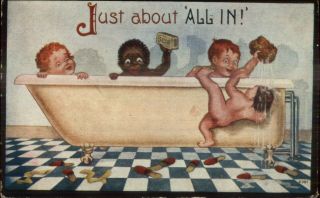 Black Americana - White Kids & Black Boy In Bath Tub C1910 Postcard