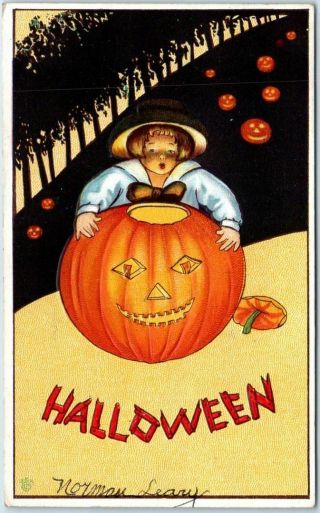Vintage 1915 Halloween Postcard Girl W/ Large Jack O 