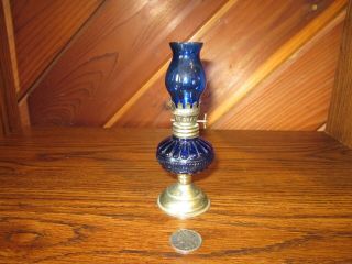 Decorative Miniature Glass Oil Lamp Cobalt Blue Raised Design 5.  5 " Tall