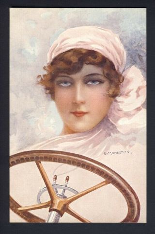 C.  Monestier A/s Art Deco Dreamy Eyed Pink Kerchiefed Lady Behind Wheel Of Car
