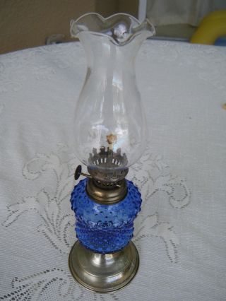 Vtg Miniature Oil Lamp - Dark Blue With Clear Glass Shade Metal Base 11 " Tall