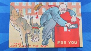 Vintage Comic Postcard 1908 Seaside Donkey Red Post Pillar Box Just Caught Post