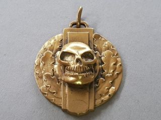 Antique Gold Plated Wwi German Memento Mori Skull Oak Leaves Pendant Medallion