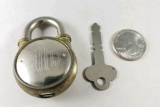 Vintage Antique Brass Metal “101” Padlock Made In Usa Round Lock And Key