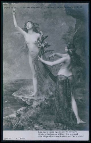 Art Consuelo Fould Nude Woman Druis Sorcerer Old 1910s Salon De Paris Postcard