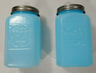 Rare Opaque Light Blue Milk Glass Range Set Salt Pepper Shakers Depression Style