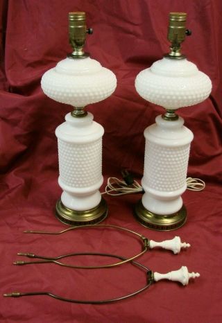 Vintage Pair White Hobnail Milk Glass Table Lamps