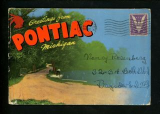Postcard Folder Michigan Mi Pontiac Native American Large Letter Linen
