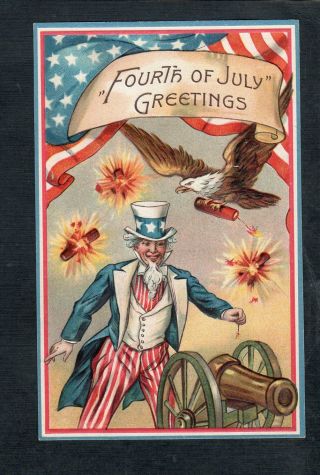 E522 Postcard Artist Designed Patriotic 4th Of July Uncle Sam Eagle Cannon Flag