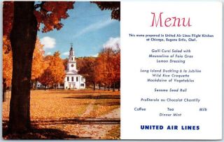 United Air Lines In - Flight Menu Postcard England Fall Foliage Church C1950s