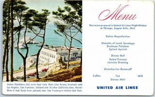 United Air Lines In - Flight Menu Postcard San Francisco Cliff House 1952 Cancel