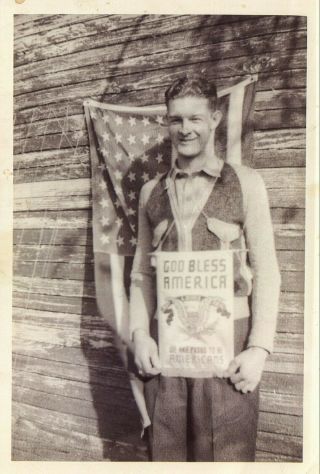 Vintage 1930s Photo Of A Patriotic Man With Flag Holding God Bless America Sign