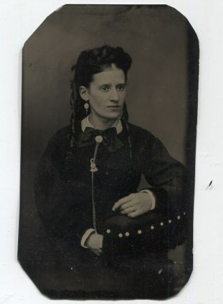 Antique 1/6 Plate Tintype Photo Woman W/ Tinted Cheeks Bowtie & Fancy Necklace