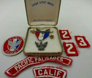Vtg Boy Scouts Of America Sterling Silver Eagle Scout Award W/ Box,  Pins,