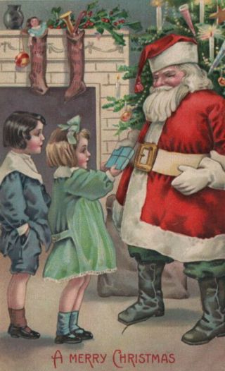 Children Present Santa W/ Christmas Gift Sweet & Colorful Embossed Postcard Gem