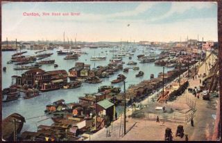 Antique Canton China Postcard View Of The Bund And River Masses Of Boats