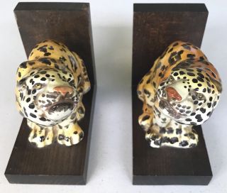 Vintage Leopard Bookends Painted Ceramic Tiger Wood Made In Italy Book Big Cat