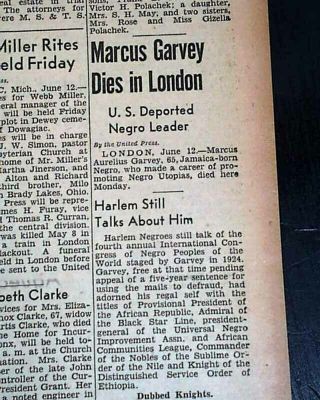 Marcus Garvey Jamaican Black Nationalism Pan - Africanism Death 1940 Old Newspaper