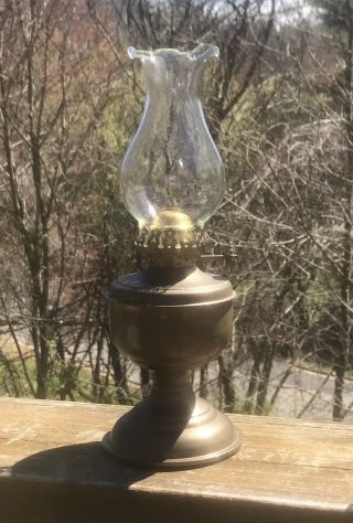 Vintage Brass Oil Lamp Hurricane Lamp Blown Glass W/chimney 9.  5”