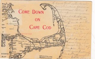 Cape Cod,  Ma 1911 Art Drawn Postcard Map,  Showing Railroad Lines,  Towns,  Writing F
