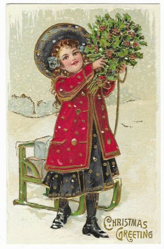 Vintage Postcard " Christmas Greeting ",  Girl With Sleigh And Bouquet