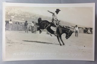 C 1930 Rodeo Nelson Bronco Labonte Rppc Real Photo Postcard Cowboy Lusk Wyo