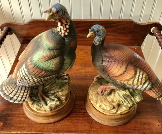 Two Wild Turkey Figurines On Wood Bases —andrea By Sadek
