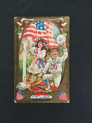 Vintage Patriotic Postcard - 4th Of July Greeting,  Boy & Girl With Flag