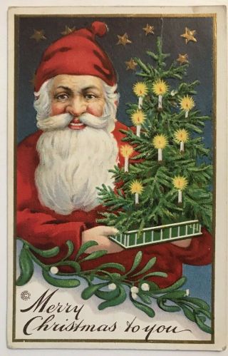 Colorful Santa Claus With Candle - Lit Tree Antique Christmas Postcard - K82