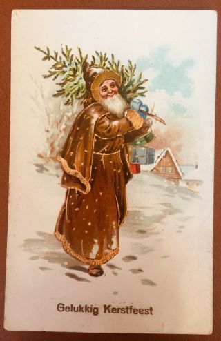 Vintage Christmas Postcard Brown Robe Santa Gelukkig Kerstfeest Dutch Gold Trim