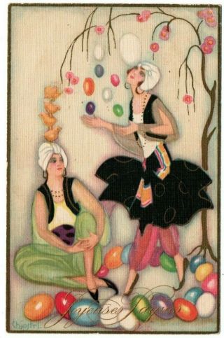 Happy Easter Joyeuses Paques Women Woman Chicks Chiostri Artist Signed Postcard