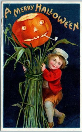 1910 Artist - Signed Clapsaddle Halloween Postcard Boy Corn Stalks Jol / Pipe