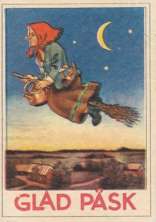 Old Vintage Postcard Easter Witch Riding Broom Over Houses Moon Stars Small Card