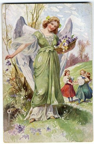 Guardian Angel And Little Girls Postcard 1914 Children Playing In Countryside