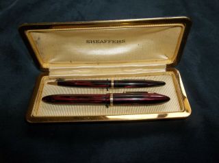 Vintage Sheaffer Fountain Pen Mechanical Pencil Set Marbled Red