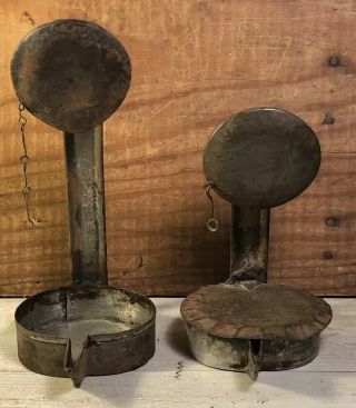 Set Of 2 Antique Primitive Betty Oil Tin Lamps