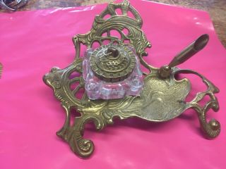 Vintage Ornate Solid Brass Inkwell Victorian Crystal Well Art Nouveau Ink Desk