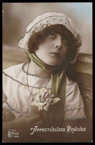 Edwardian Romance 1910s Vintage Photo Postcard Lady Glitter Flower Hat