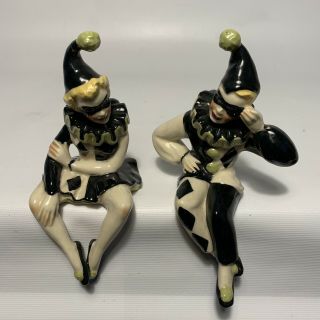 Vtg Ceramic Art Studio Pierrot Pierette Shelf Clowns Black White Harlequin 6 1/2