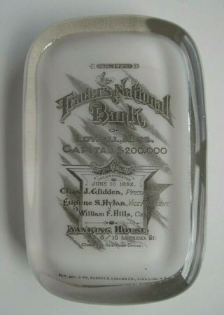 Traders National Bank Lowell Mass.  No.  4753 Glass Advertising Paperweight Abrams