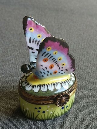 Limoges France Peint Main Rochard Trinket Box Butterfly Flower
