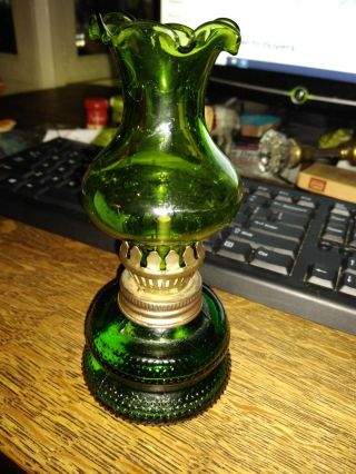Vintage Small Green Glass Oil Hurricane Lamp