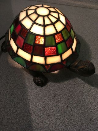 Stained Glass Turtle Shell Orange Green Plug In Lamp Night Light Metal Body