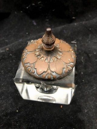 Arts And Crafts Bronzed Metal And Crystal Inkwell 2 1/2x 3 Leaf And Berry Patn